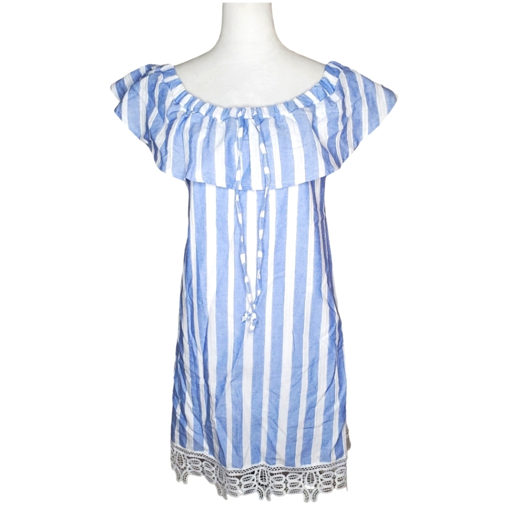 Go Coco Plus Size Denim Blue & White Striped Lace Trim Dress
